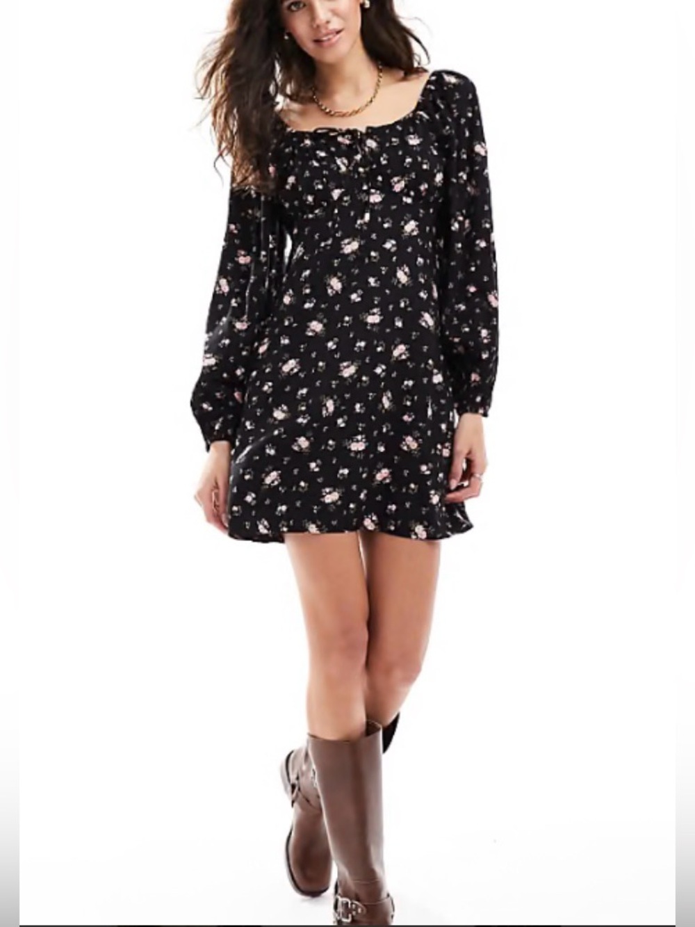 As U Wish Black Mini Dress with Pink Floral Print